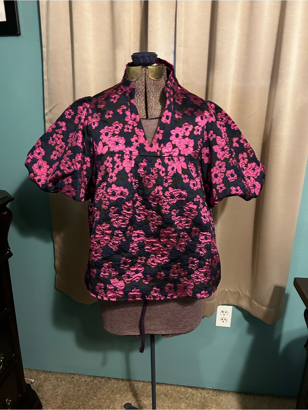THML Pink Floral Jacquard Puff-Sleeve Tunic